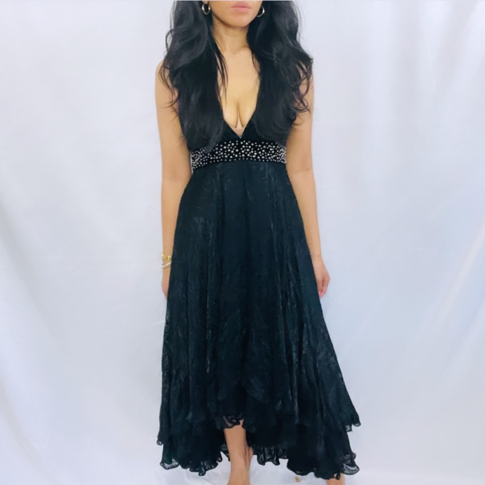 Bebe | Black Spaghetti Strap Jacquard Velvet Boho Maxi Dress with studded detail